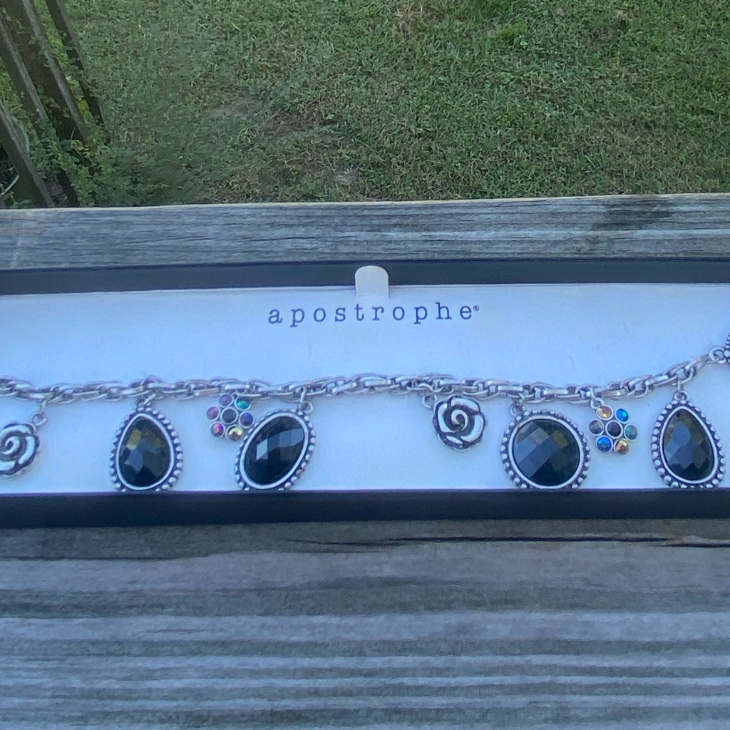 Floral Black Stone Charm Bracelet Apostrophe New In Box
